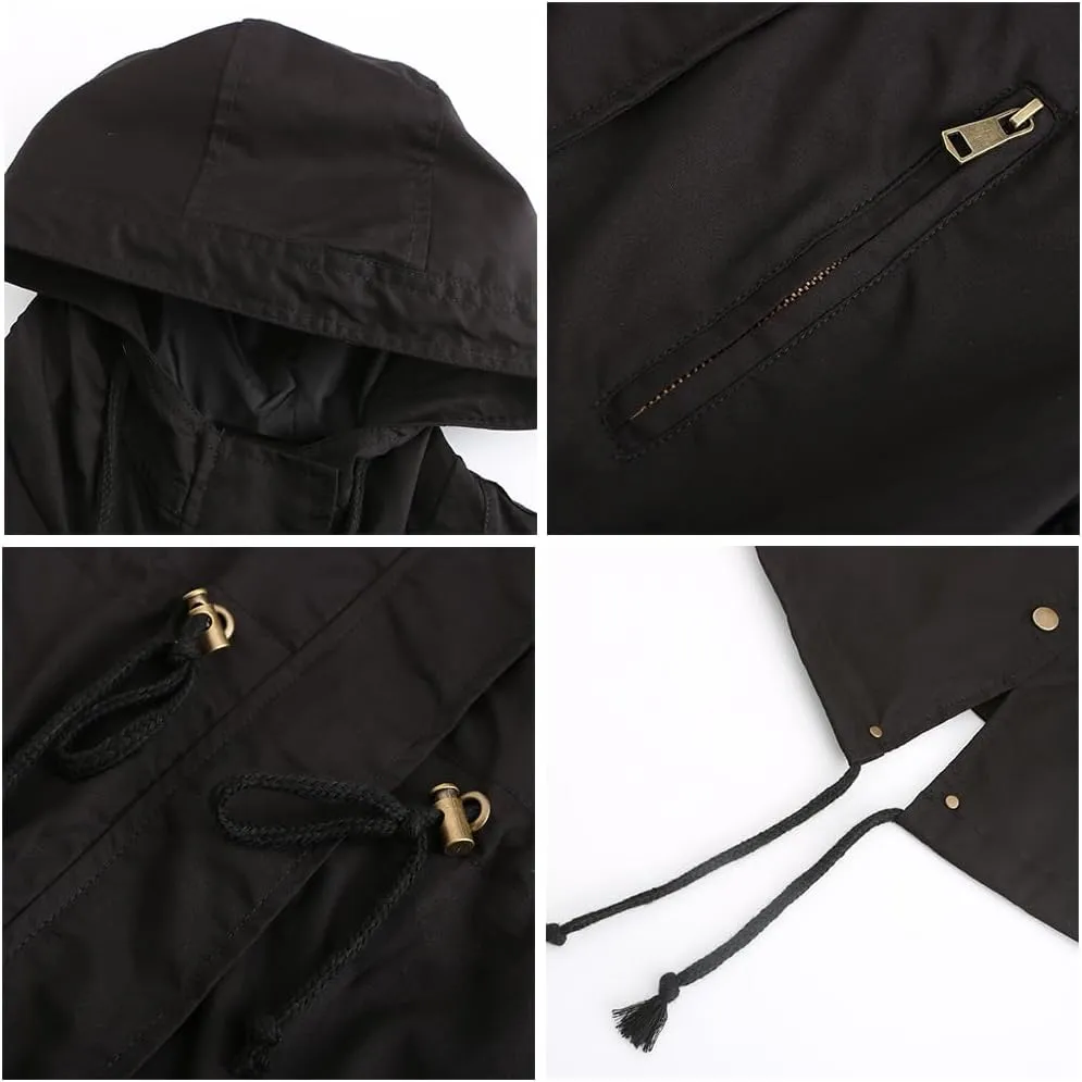 Women Trench Coat Windbreaker Zip Up Jacket With Pockets Casual Long Sleeve Outwear with Waist Drawstring