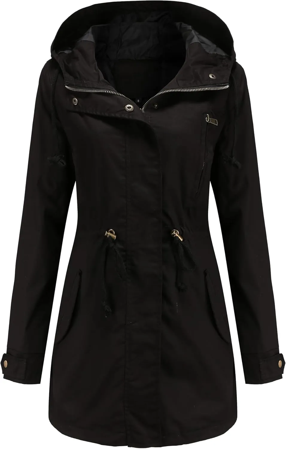 Women Trench Coat Windbreaker Zip Up Jacket With Pockets Casual Long Sleeve Outwear with Waist Drawstring