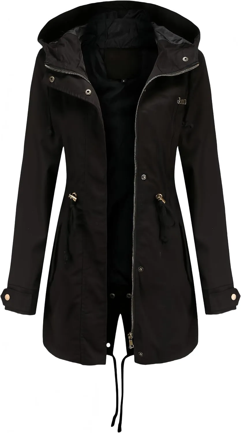 Women Trench Coat Windbreaker Zip Up Jacket With Pockets Casual Long Sleeve Outwear with Waist Drawstring