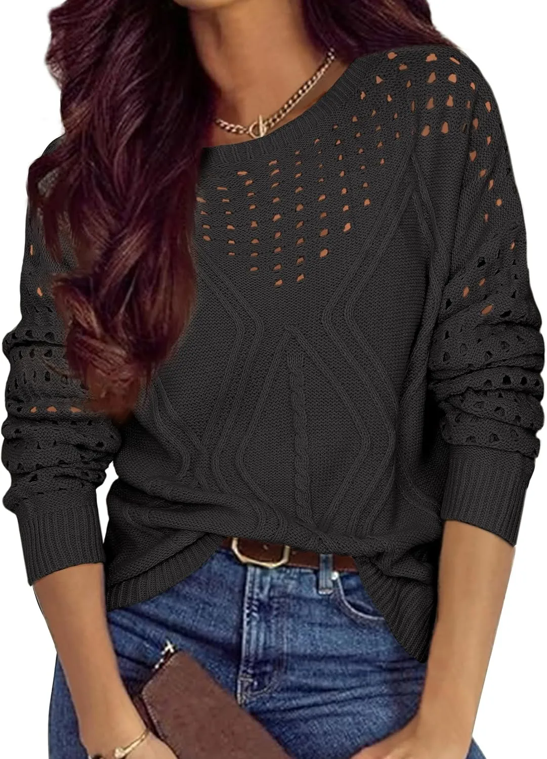 Womens 2025 Spring Sweaters Oversized Crewneck Cable Knit Pullover Crochet Hollow Out Chunky Jumper Casual Tunic Tops