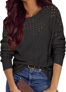 Womens 2025 Spring Sweaters Oversized Crewneck Cable Knit Pullover Crochet Hollow Out Chunky Jumper Casual Tunic Tops