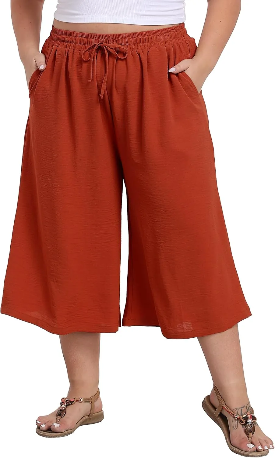 Women's Plus Size Capri Culottes Pants High Waisted Wide Leg Palazzo Trousers with Pockets for Summer Casual Wear
