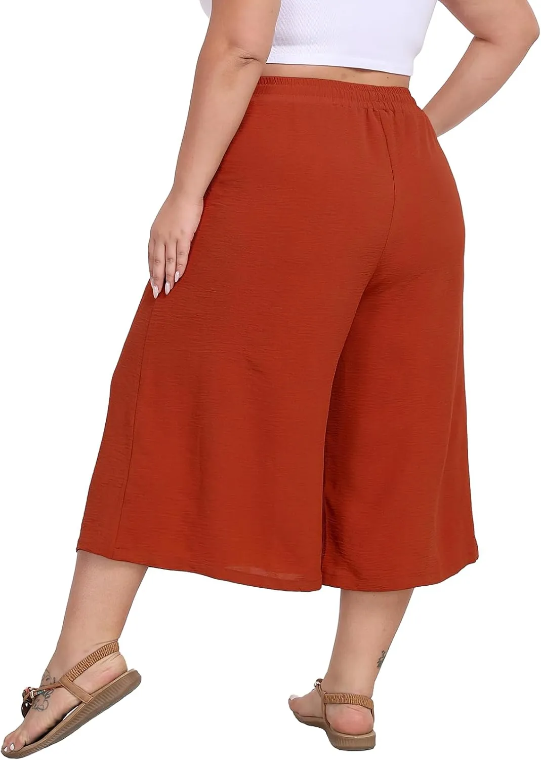 Women's Plus Size Capri Culottes Pants High Waisted Wide Leg Palazzo Trousers with Pockets for Summer Casual Wear