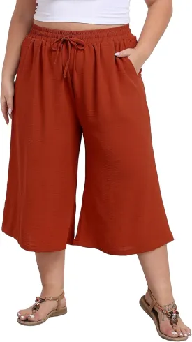 Women's Plus Size Capri Culottes Pants High Waisted Wide Leg Palazzo Trousers with Pockets for Summer Casual Wear
