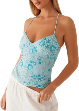 Womens Sequin Cami Tank Top Y2k Sparkly Floral Tops Sexy Pearl Embellished Tops Bling Glitter Rhinestone Camisole