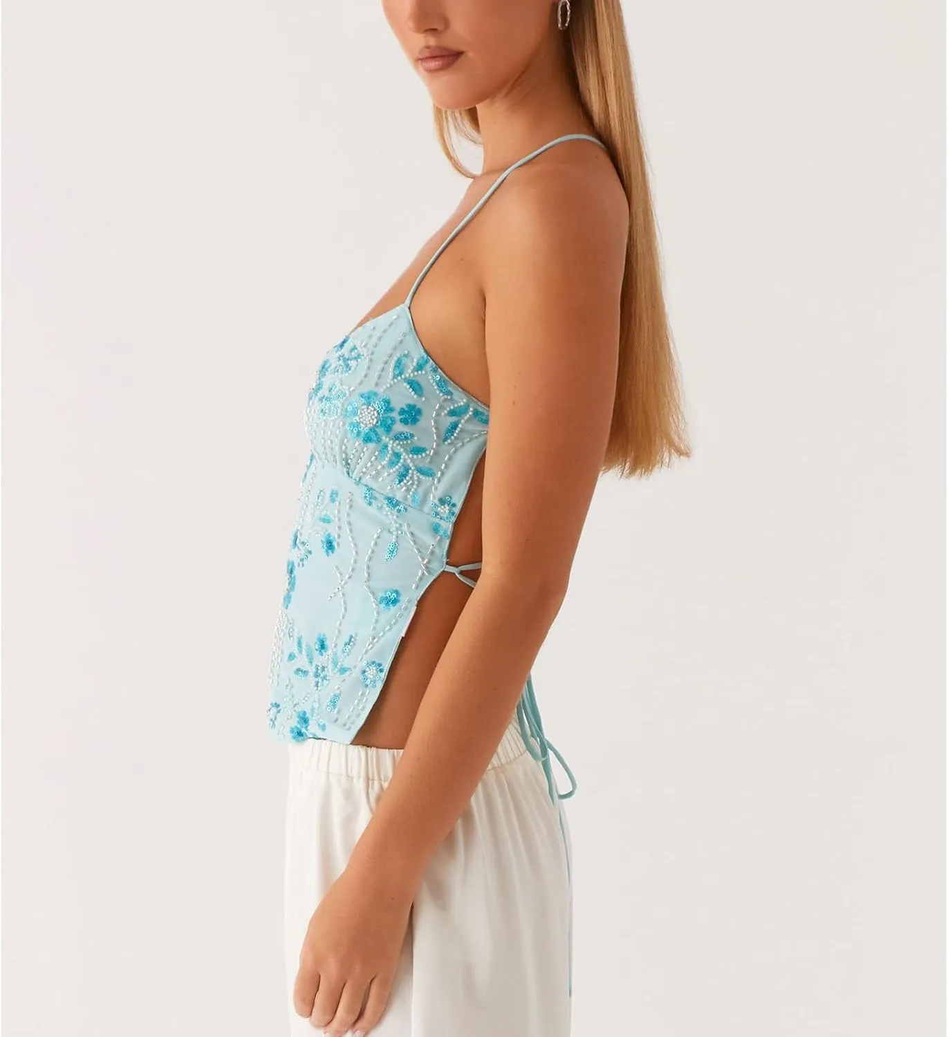 Womens Sequin Cami Tank Top Y2k Sparkly Floral Tops Sexy Pearl Embellished Tops Bling Glitter Rhinestone Camisole