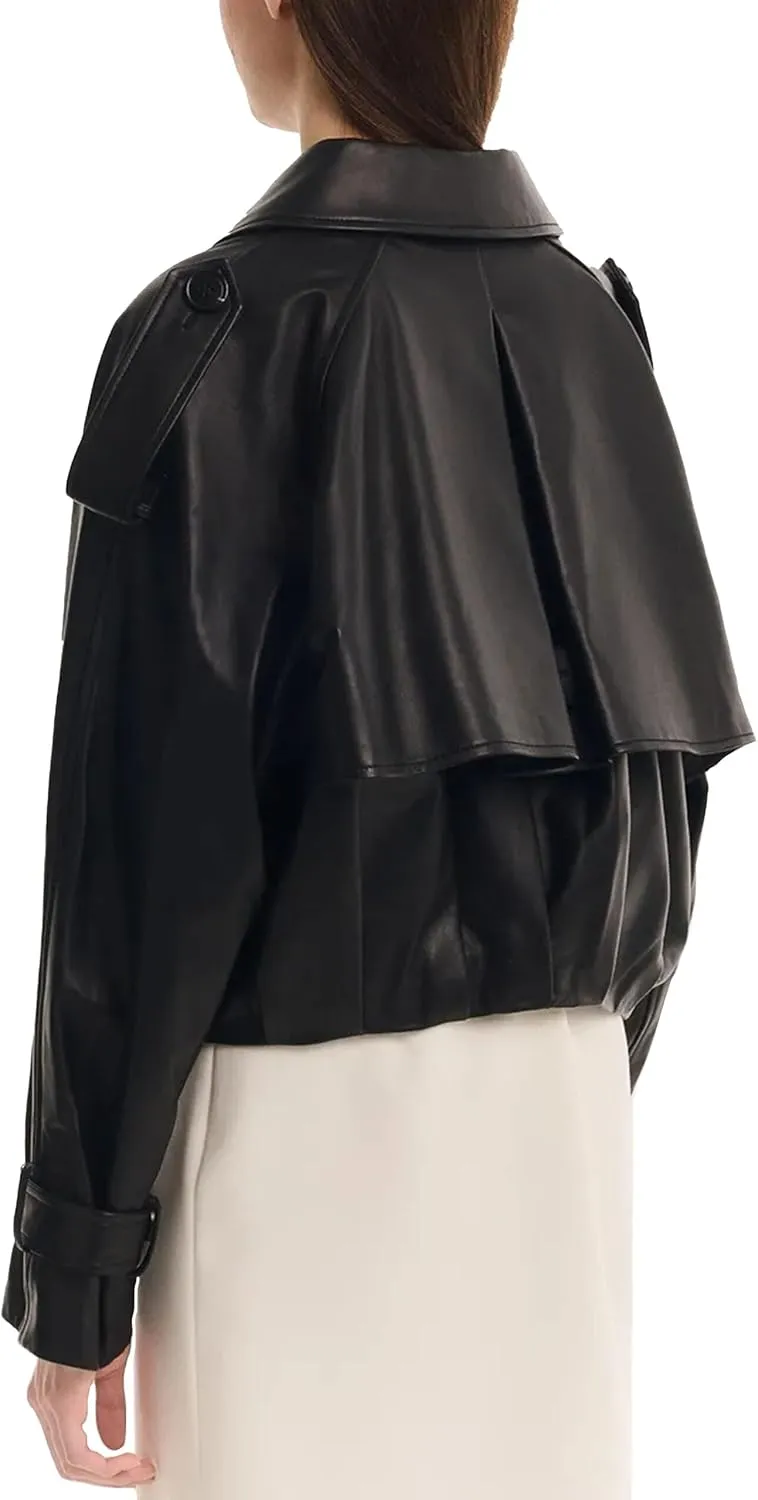 Womens Short Crop Trench Coat - Double Breasted Notched Lapel Stylish Fashion Spring Cropped Jacket for Women
