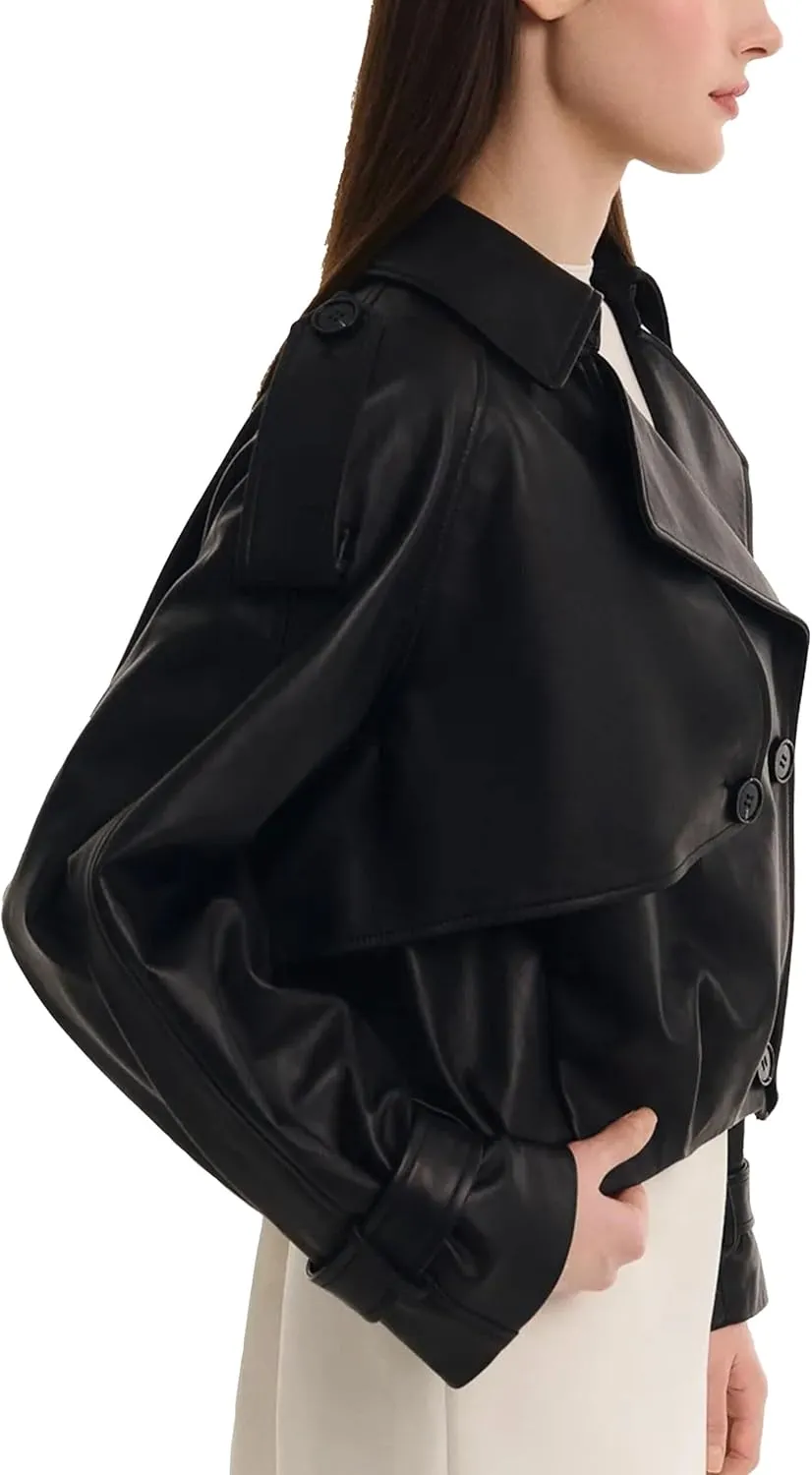 Womens Short Crop Trench Coat - Double Breasted Notched Lapel Stylish Fashion Spring Cropped Jacket for Women