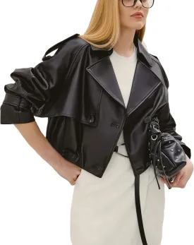 Womens Short Crop Trench Coat - Double Breasted Notched Lapel Stylish Fashion Spring Cropped Jacket for Women