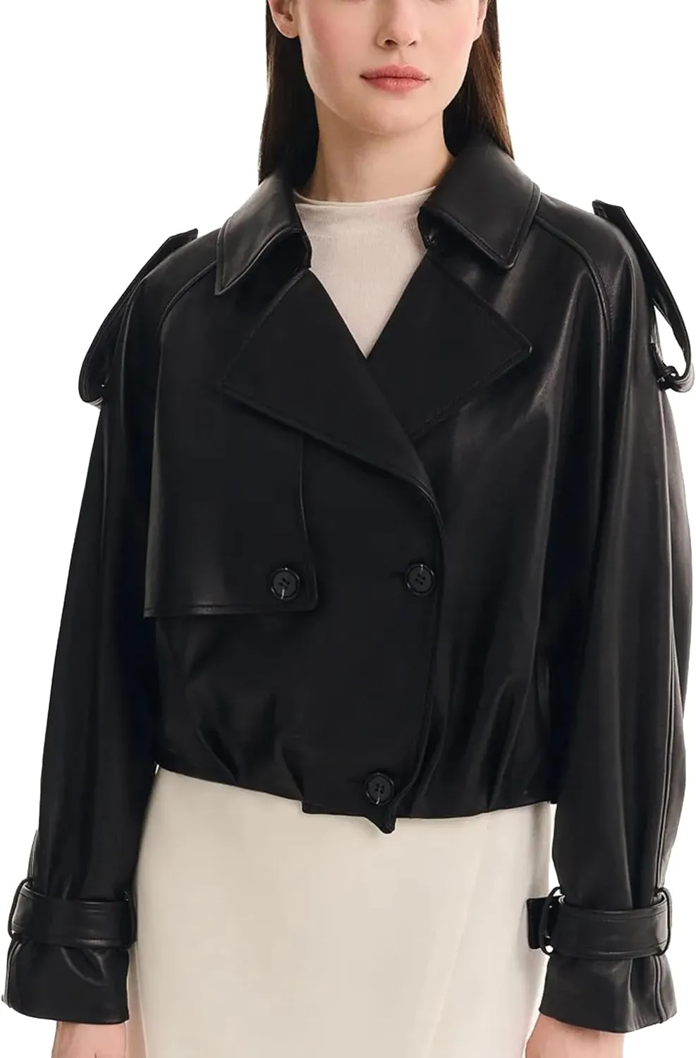 Womens Short Crop Trench Coat - Double Breasted Notched Lapel Stylish Fashion Spring Cropped Jacket for Women