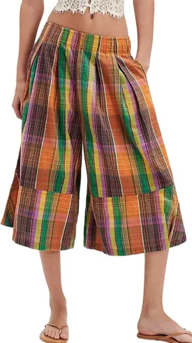 Womens Summer Boho Wide Leg Culotte Pants Casual Elastic Waisted Palazzo Trousers Colorful Plaid Capris with Pockets