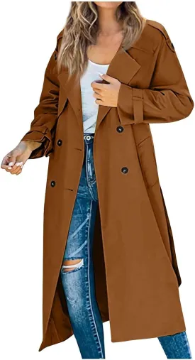 Women's Trench Coat Double Breasted Long Trench Coats 2025 Fall Fashion Windproof Classic Lapel Overcoat with Belt