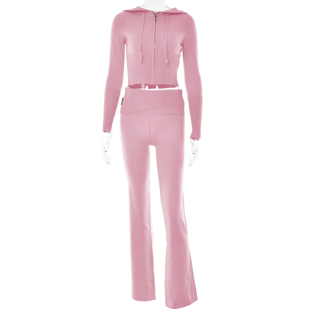 Y2K Knitted 2 Piece Set with Zip Crop Flare Stretch Hoody