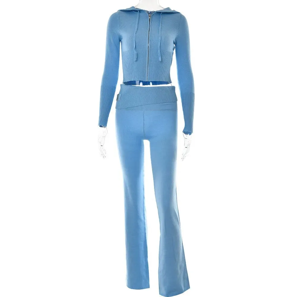 Y2K Knitted 2 Piece Set with Zip Crop Flare Stretch Hoody