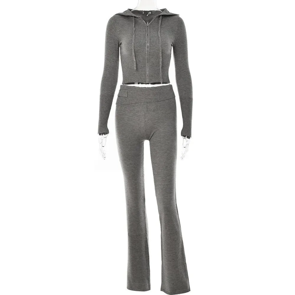 Y2K Knitted 2 Piece Set with Zip Crop Flare Stretch Hoody