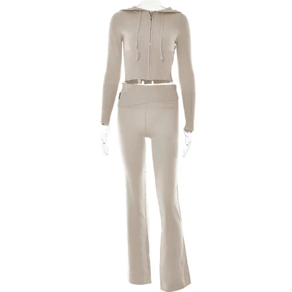 Y2K Knitted 2 Piece Set with Zip Crop Flare Stretch Hoody