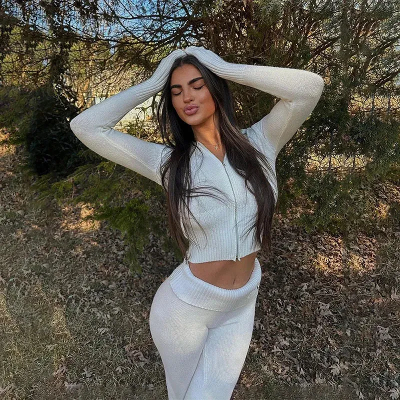 Y2K Knitted 2 Piece Set with Zip Crop Flare Stretch Hoody