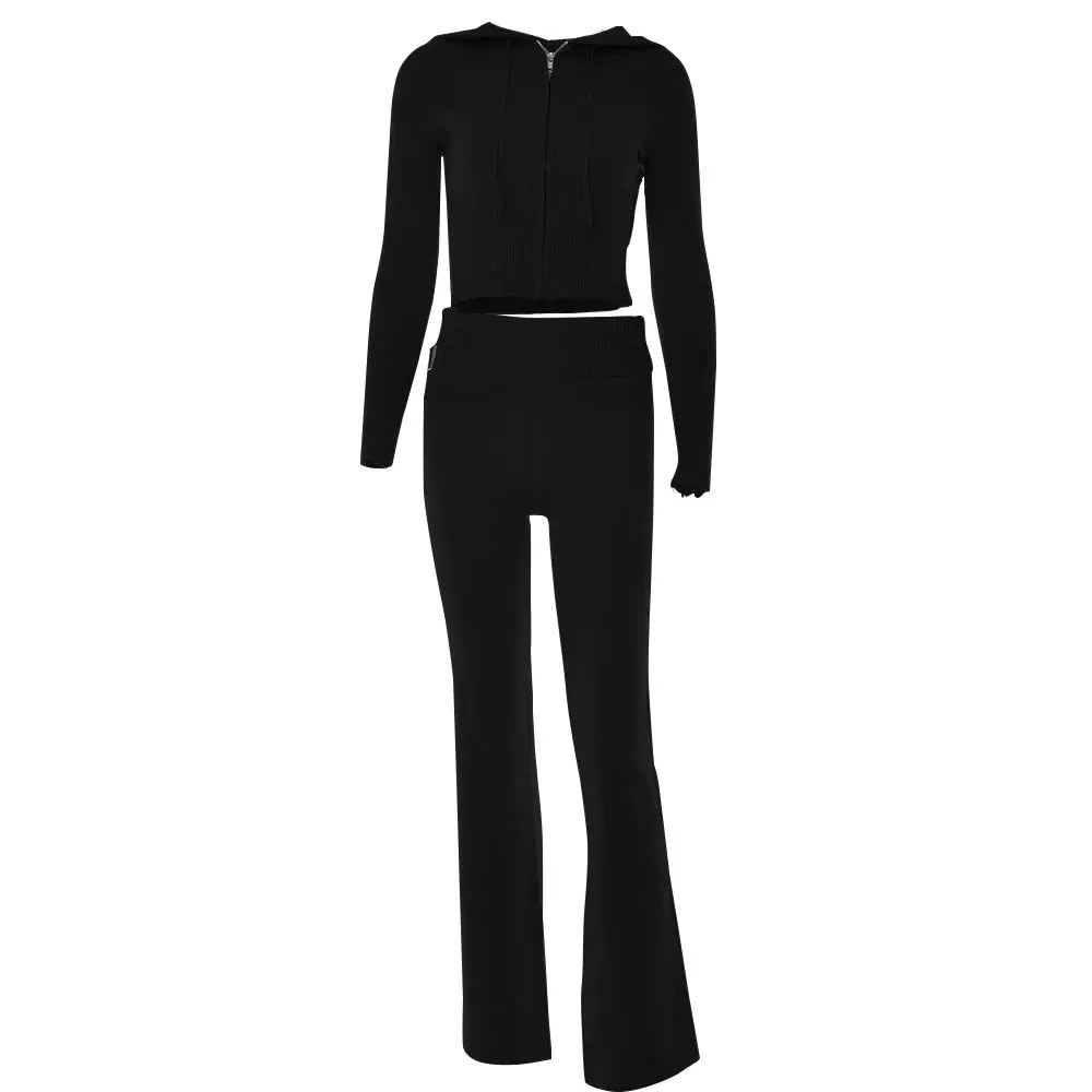 Y2K Knitted 2 Piece Set with Zip Crop Flare Stretch Hoody