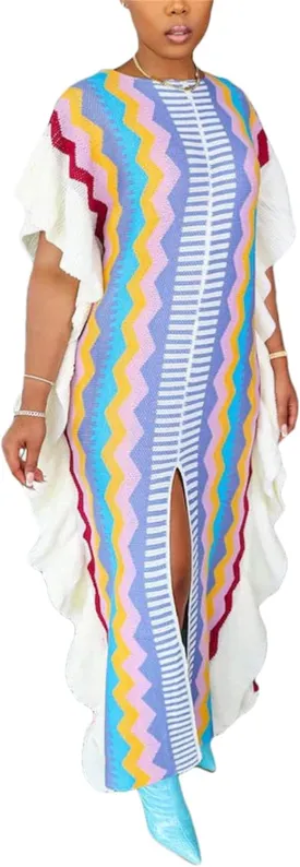 YOOTIKO Women Cable Knit Sweater Dress Sexy Slit Ruffle Striped Crochet Fall Casual Party Maxi Dress